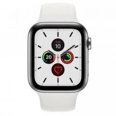 Apple Watch Series 5 GPS + Cellular, 44mm Stainless Steel Case with White Sport Band - S/M & M/L